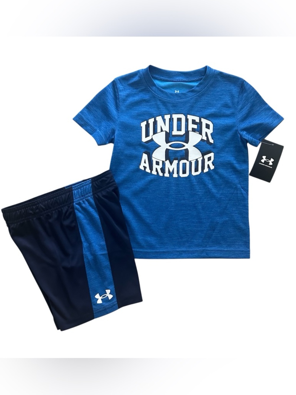 Under Armour Boys 2 Piece Shorts Set Size 4 NWT Blue Athletic Outfit Logo